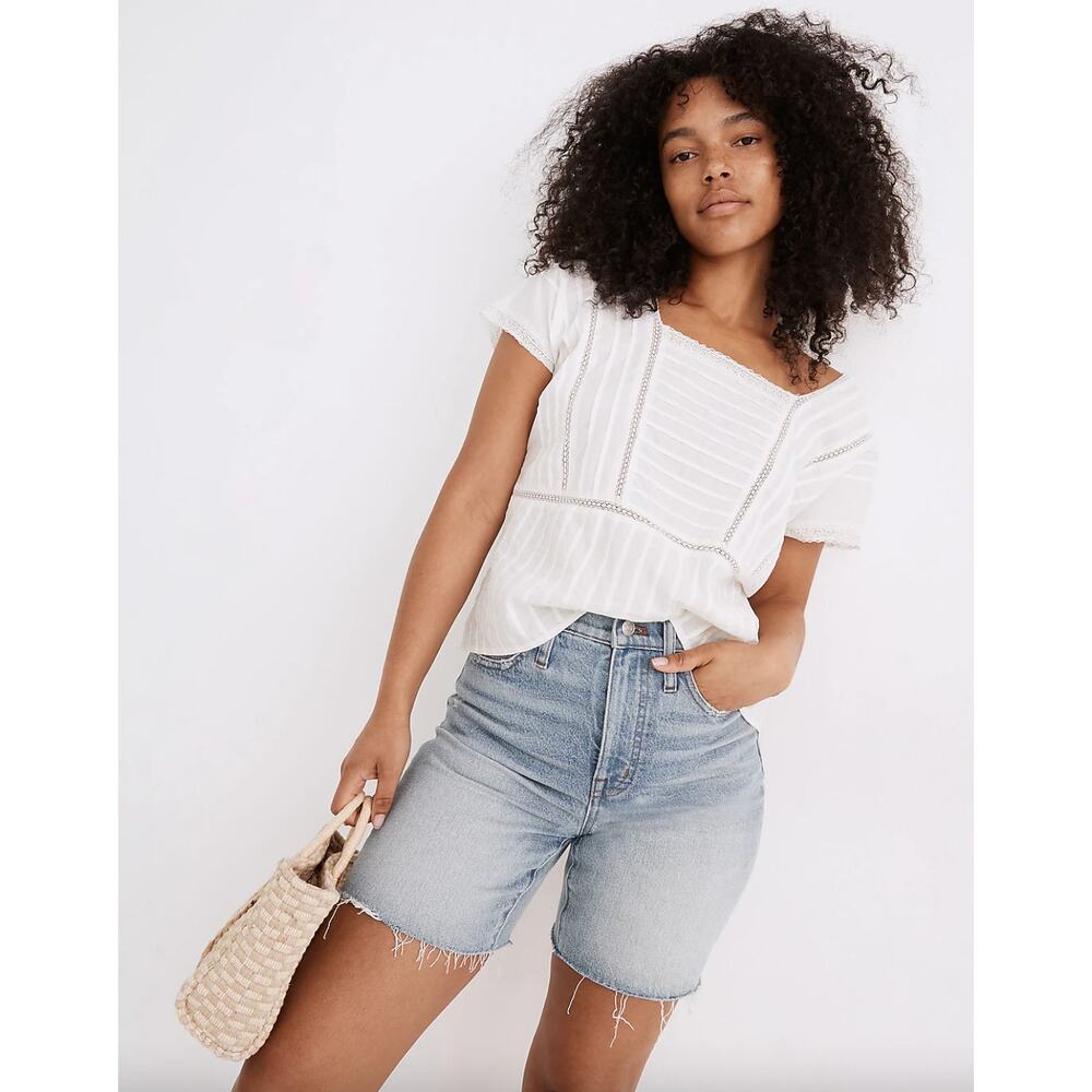 Madewell High Rise Mid Length Denim Shorts Woodvale Wash Size 23 Raw Hem